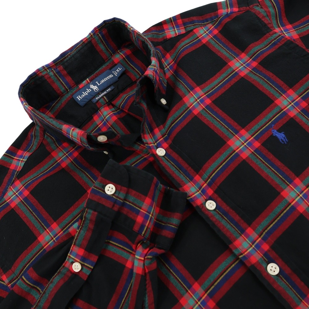 Ralph Lauren Mens XL Classic Fit Plaid Button Down Shirt Black Red Green Pony